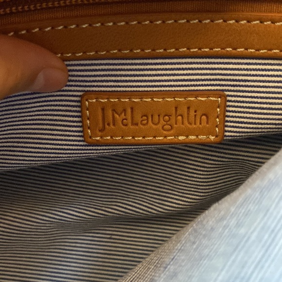 J.McLaughlin blue and tan handbag with bamboo handle and striped interior - Picture 6 of 7